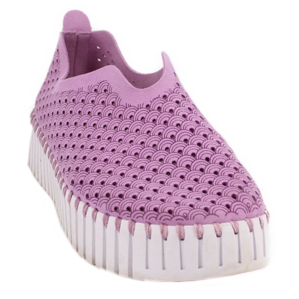 Purple perforated platform sneaker with scallop-pattern upper and lace-free fringe edge