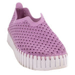 Purple perforated platform sneaker with scallop-pattern upper and lace-free fringe edge