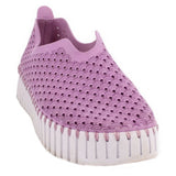 Purple perforated platform sneaker with scallop-pattern upper and lace-free fringe edge