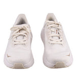 Pair of white lace-up running sneakers with HOKA logo on side, knit upper