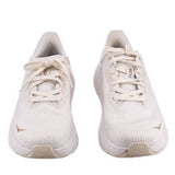 Pair of white lace-up running sneakers with HOKA logo on side, knit upper