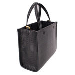 Black mini G tote crossbody with shoulder strap, gold hardware, and structured shape