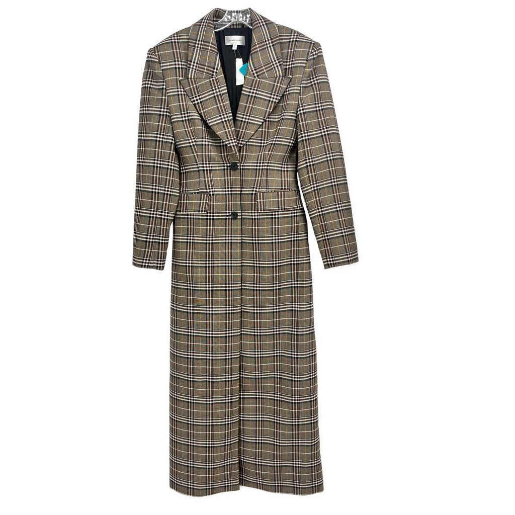 Brown plaid long blazer coat with notch lapels, button front, and long sleeves