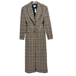 Brown plaid long blazer coat with notch lapels, button front, and long sleeves