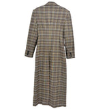 Brown plaid long blazer coat back view with button front and long sleeves