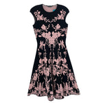 ALEXANDER MCQUEEN black floral print cap-sleeve dress with flared skirt
