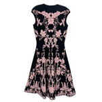 ALEXANDER MCQUEEN black floral print cap-sleeve dress, flared hem