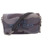 Gray camo mini crossbody bag with black strap and chain detail