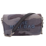Gray camo mini crossbody bag with black strap and chain detail