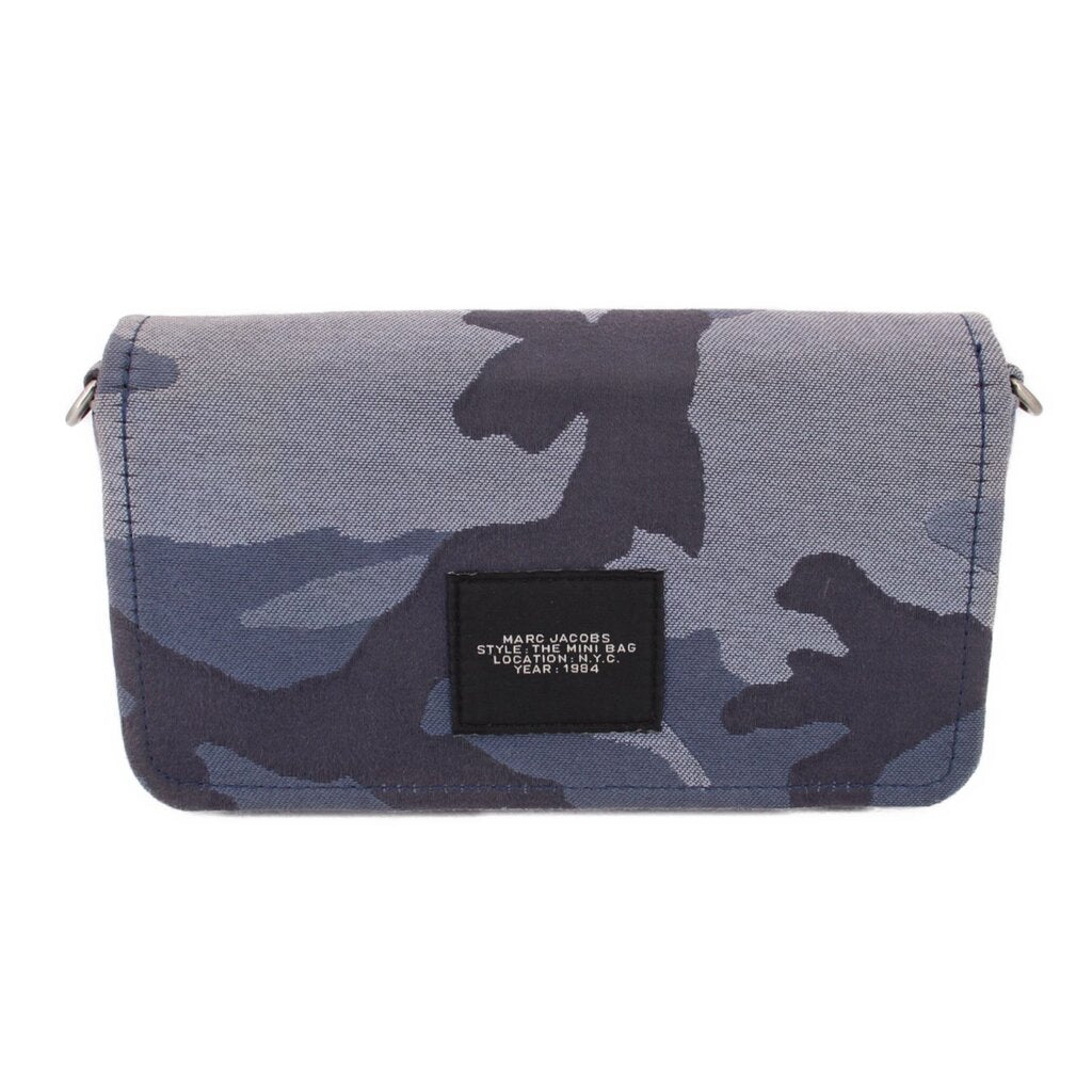 Gray camo mini crossbody bag with black logo patch on front