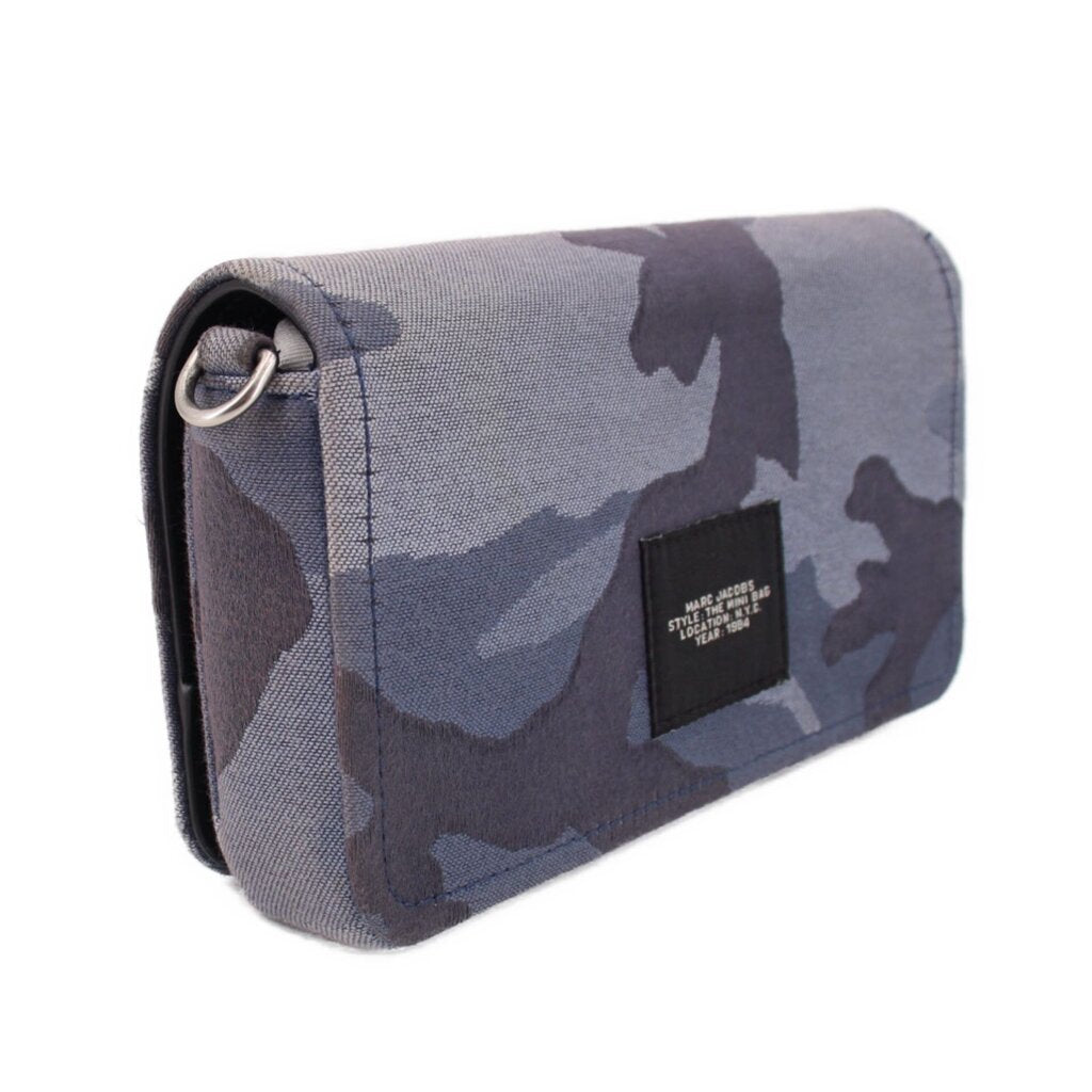 Gray camo mini crossbody bag with side view and black logo patch