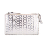 Silver monogram top-zip wristlet wallet with side hardware and wrist strap