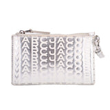 Silver monogram top-zip wristlet wallet with side hardware and wrist strap