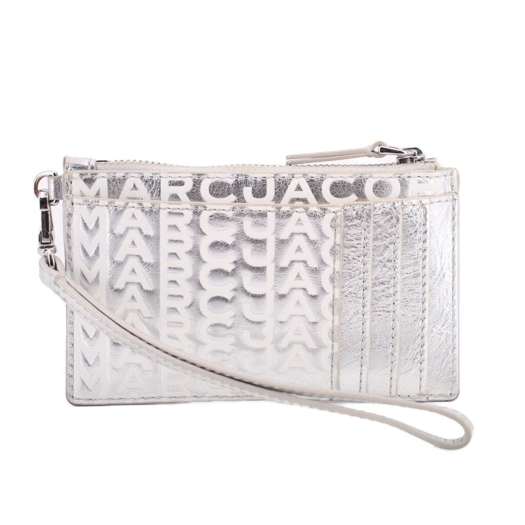 Silver monogram wristlet wallet with top zip and wrist strap