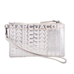 Silver monogram wristlet wallet with top zip and wrist strap