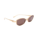 Gold pillow-shaped sunglasses, side view, dark brown lenses