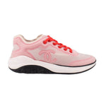 CHANEL mesh sneakers with light pink upper and red laces, black rubber sole