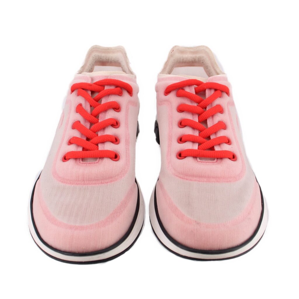 CHANEL mesh sneakers pair, front view with red laces and black sidewall
