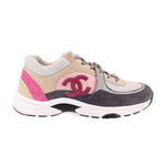 CHANEL multi-color lace-up sneakers with oversized CC logo and contrast suede panels