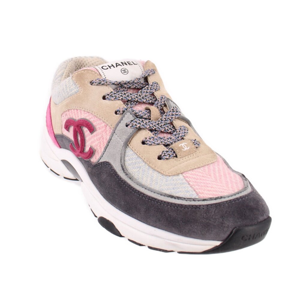 CHANEL multi-color fabric and suede sneakers with CC logo, lace-up, chunky sole
