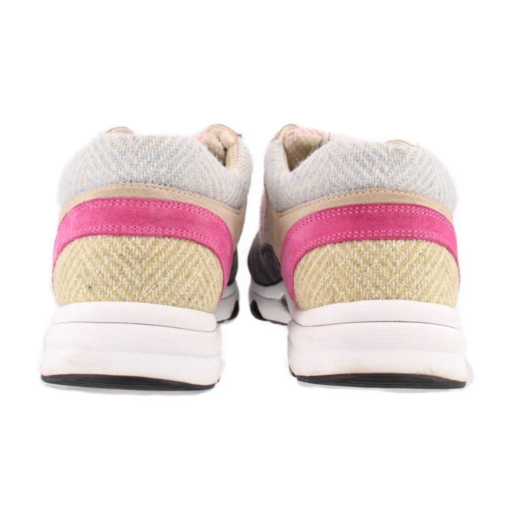 CHANEL multi-color sneakers with fabric heel, pink trim, and white rubber sole