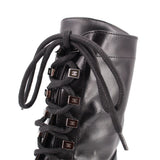 CHANEL black lace-up boot detail, calfskin laces with branded lace tabs