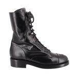 CHANEL black lace-up combat boots, calfskin side view with chunky outsole
