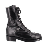 CHANEL black lace-up combat boots, calfskin side view with chunky outsole