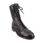 CHANEL black lace-up combat boots, calfskin with metal eyelets and stacked heel