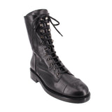 CHANEL black lace-up combat boots, calfskin with metal eyelets and stacked heel
