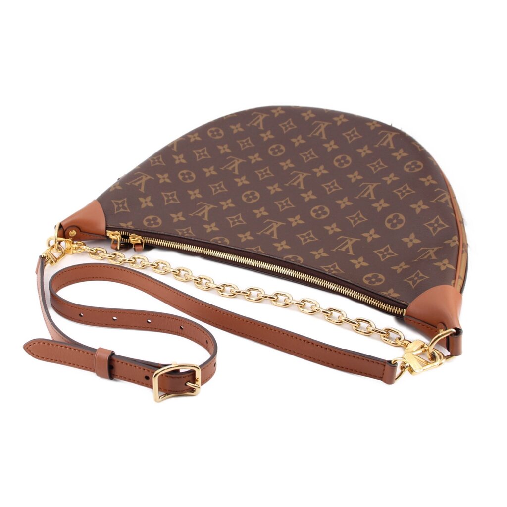 Monogram hobo crossbody bag with gold zipper and chain strap plus brown leather