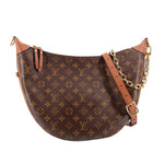 Monogram hobo crossbody bag with tan leather trim and gold hardware