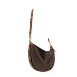 Brown monogram hobo crossbody bag with leather trim and adjustable strap