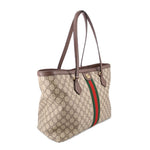 Large tote bag with beige GG canvas, brown handles, and green-red web stripe accent