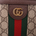 Tote bag front close-up with GG logo patch and green-red web stripe insert