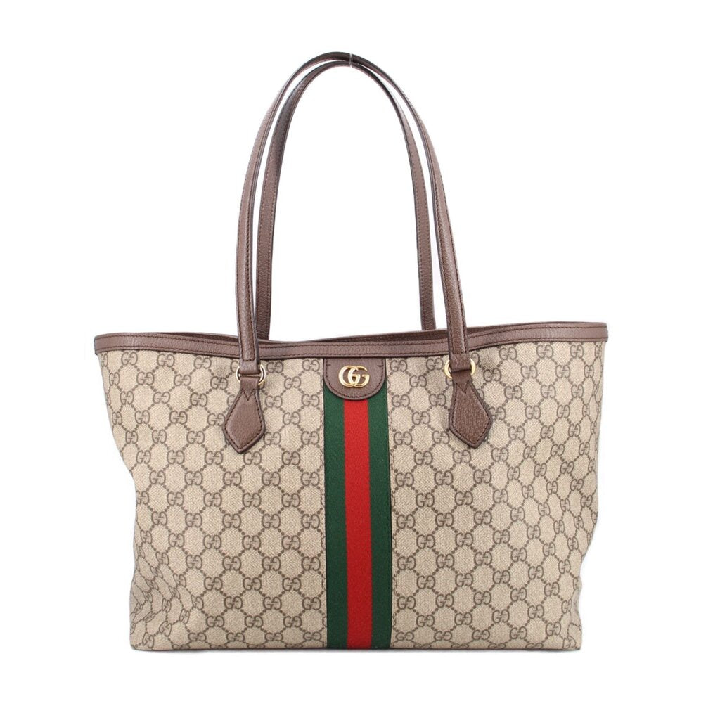 Large tote bag in beige GG canvas with brown leather trim and green-red web stripe