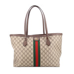 Large tote bag in beige GG canvas with brown leather trim and green-red web stripe
