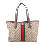 Large tote bag in beige GG canvas with brown leather trim and green-red web stripe