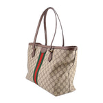 Large tote bag side view with beige GG canvas, brown straps, and green-red web stripe
