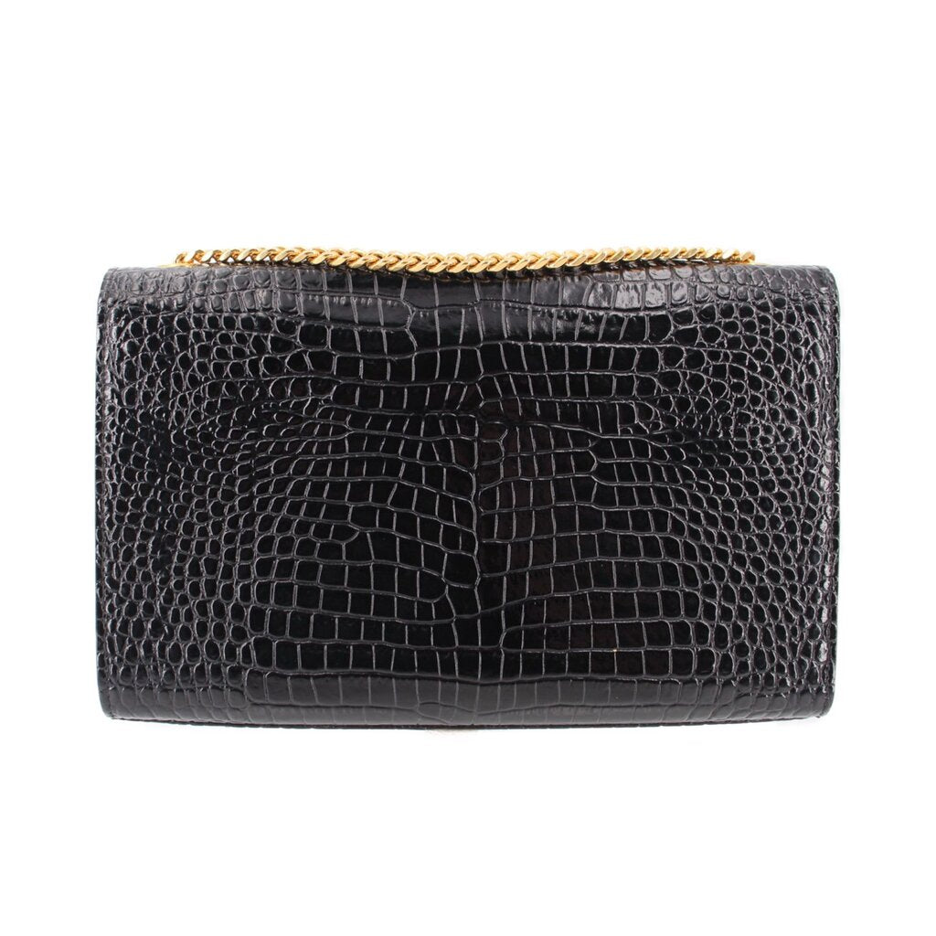 Black croc-embossed flap crossbody bag with gold chain-trim edge