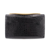 Black croc-embossed flap crossbody bag with gold chain-trim edge
