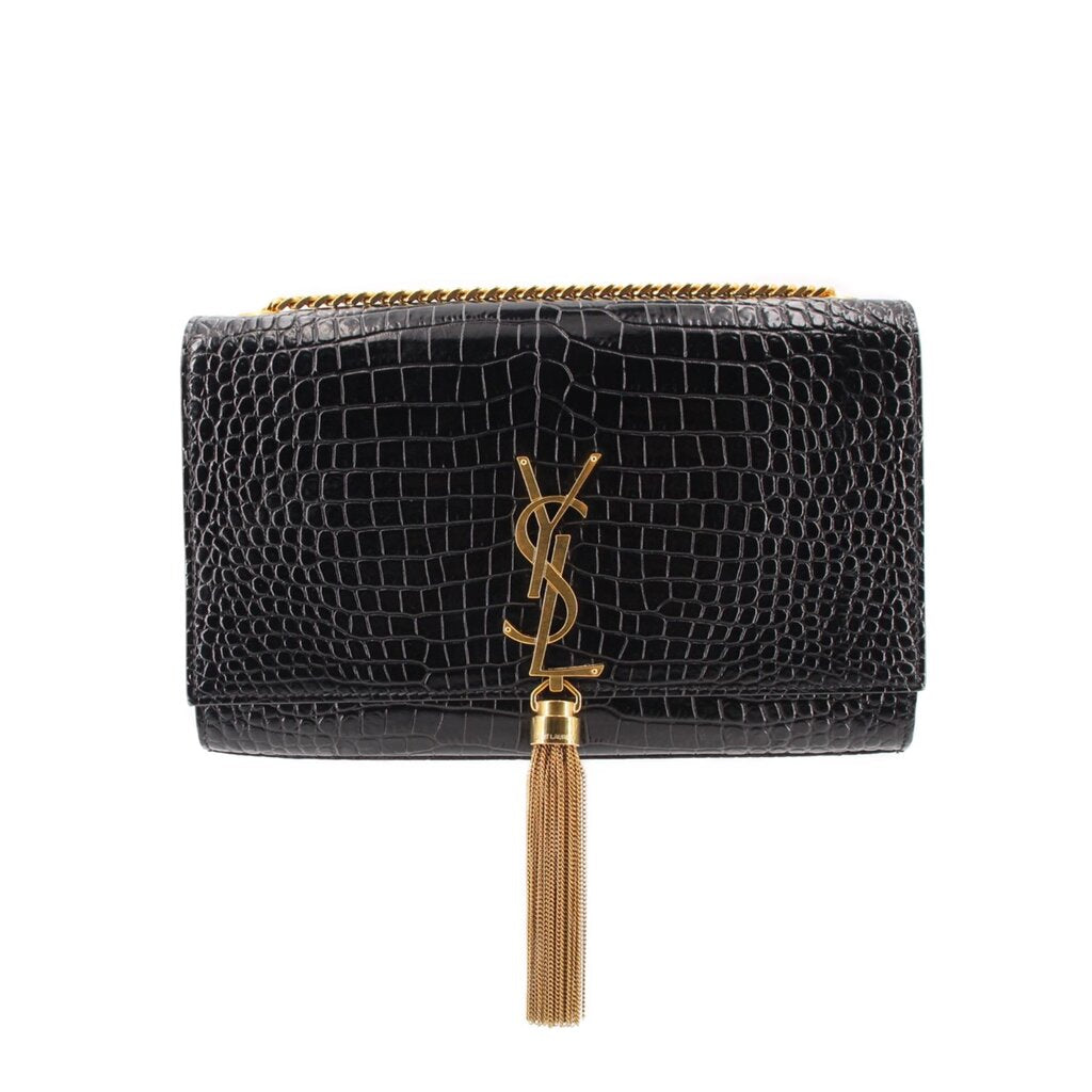 Black croc-embossed crossbody bag with gold YSL clasp and tassel detail