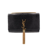 Black croc-embossed crossbody bag with gold YSL clasp and tassel detail