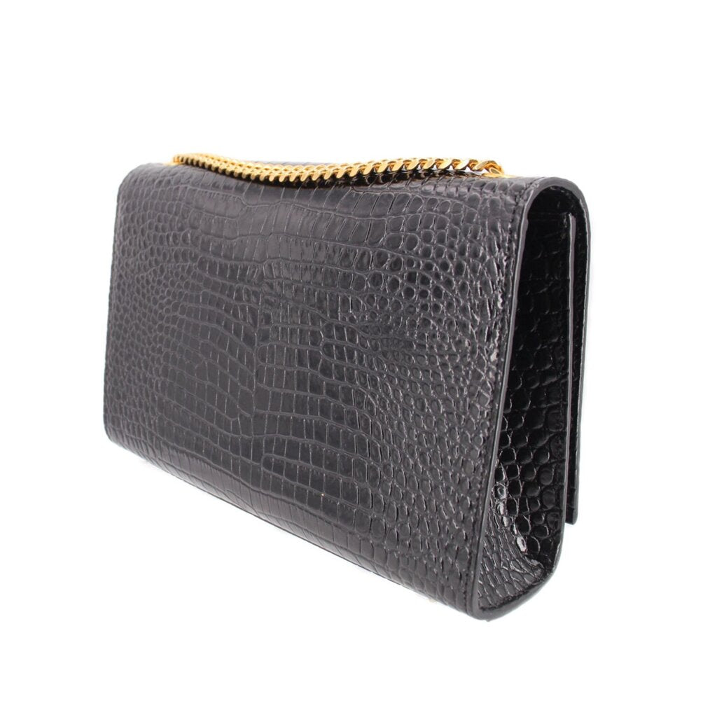 Black croc-embossed crossbody bag with gold chain trim and interior lining