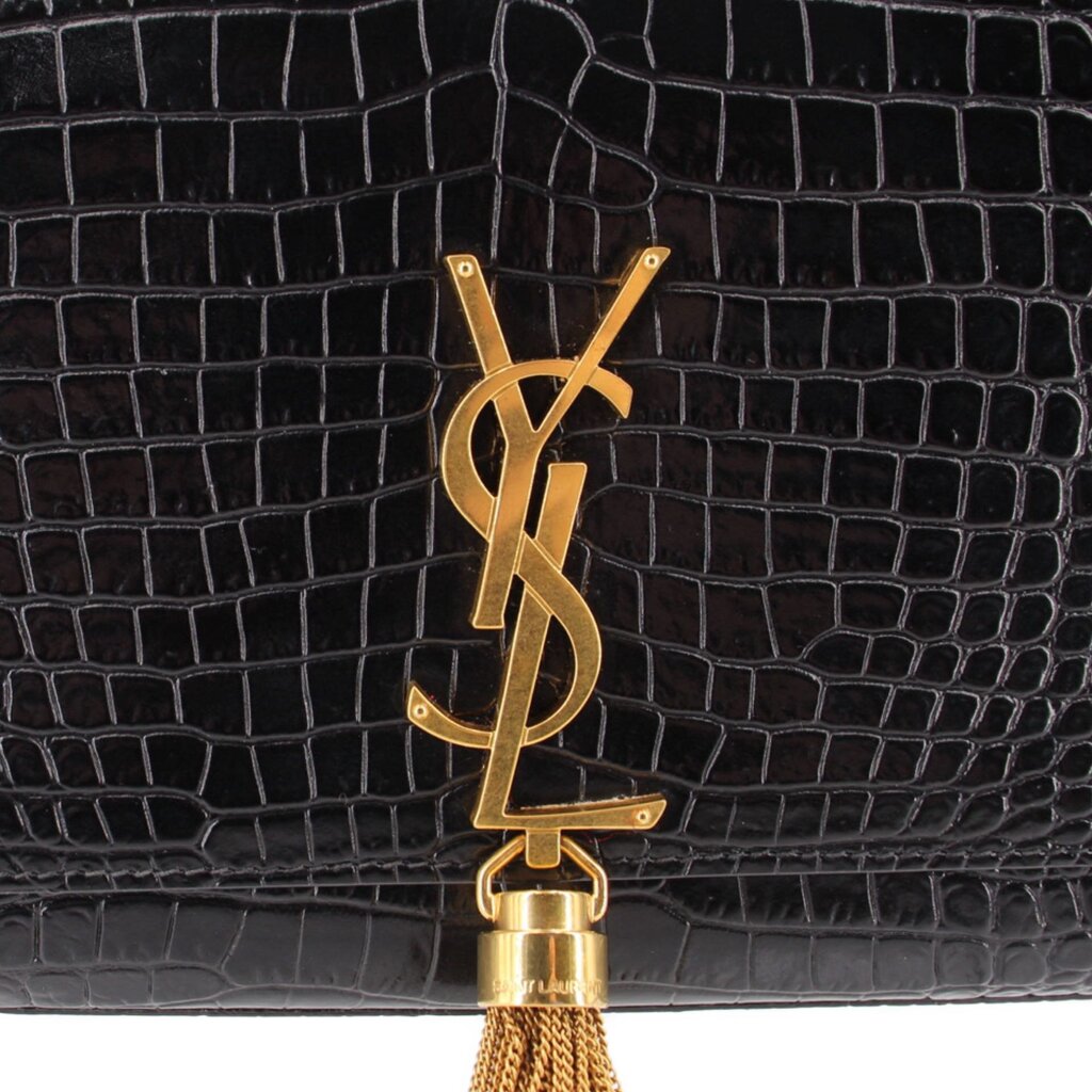 Black croc-embossed flap with gold YSL emblem and tassel hardware