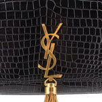 Black croc-embossed flap with gold YSL emblem and tassel hardware