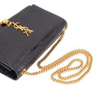 Black croc-embossed crossbody bag with gold chain strap and YSL logo