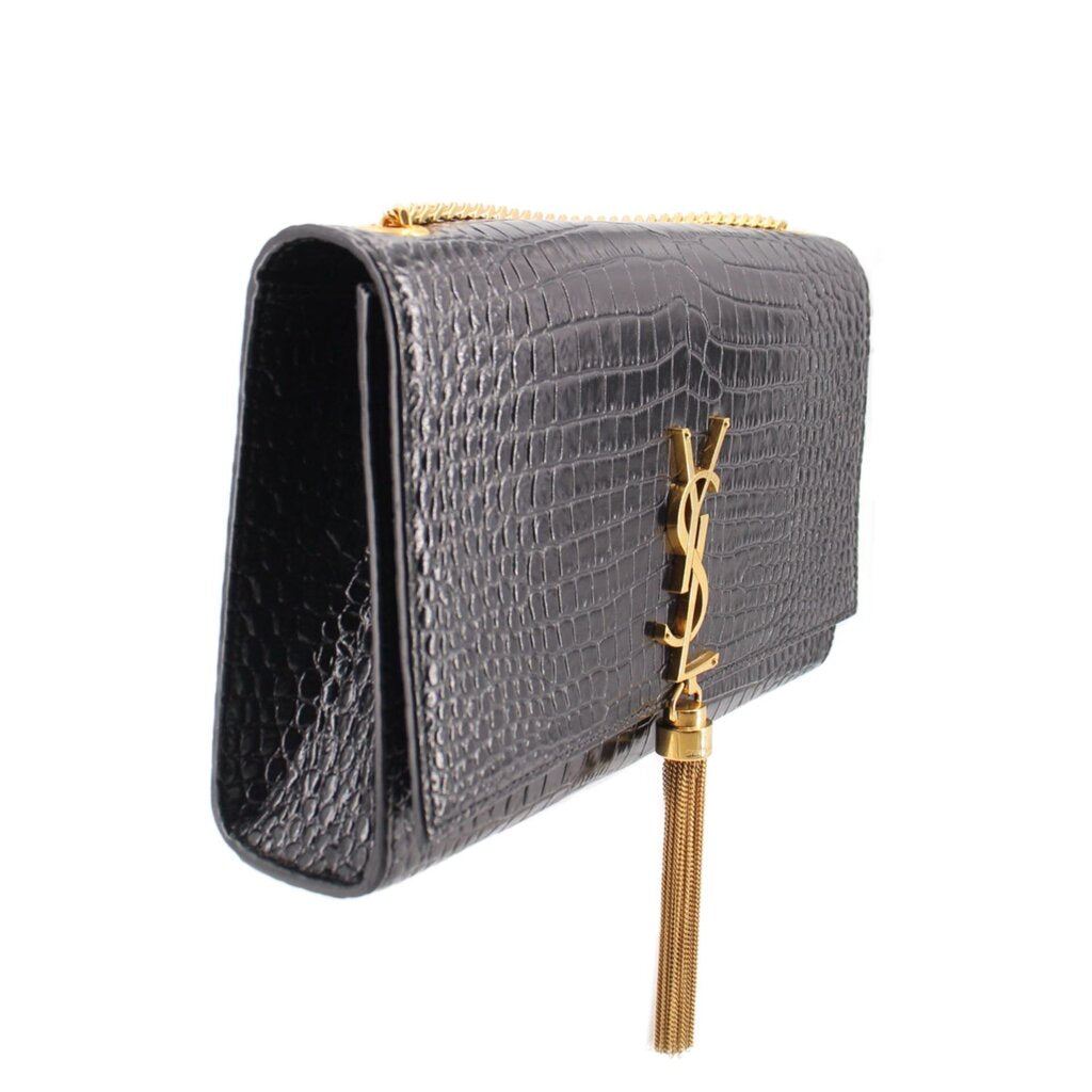 Black croc-embossed crossbody bag with gold YSL clasp and long tassel