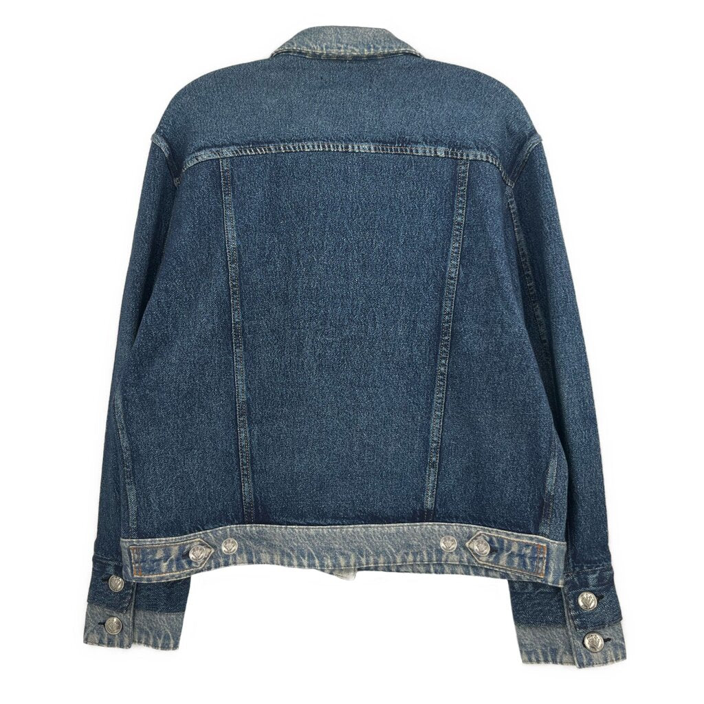 RAG & BONE blue faux denim jacket, back yoke seam, button cuffs, contrast stitching
