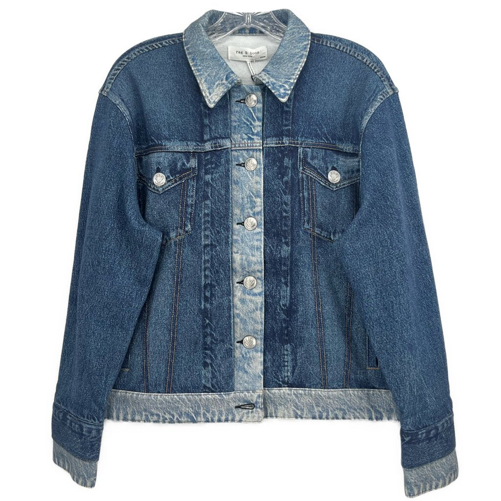 RAG & BONE blue faux denim jacket, button front, pointed collar, chest flap pockets